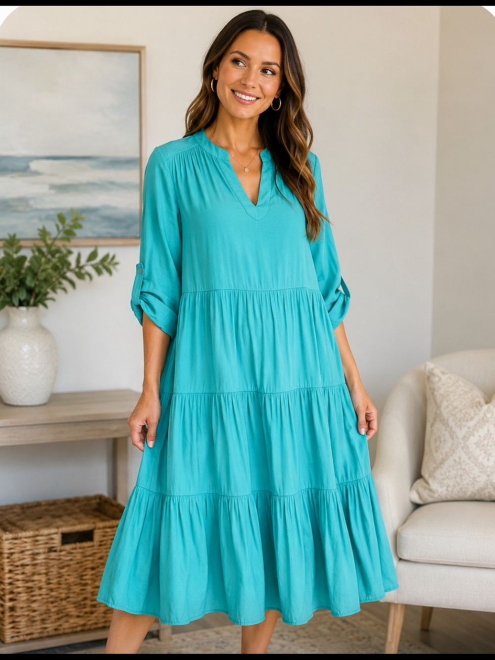 Chico's Turquoise V-Neck Tiered Maxi Dress